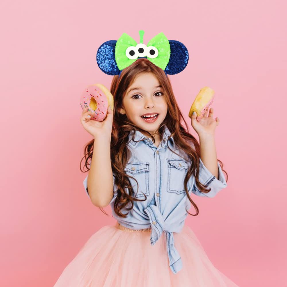 Jiahang Green Monster Mouse Ears Headband Sequin Et Bow, Halloween Gilltering Costume Festival Hair Band, Party Decoration Photo