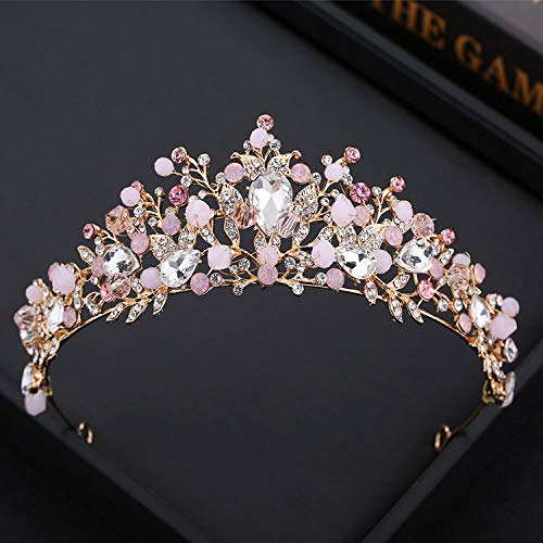 Yovecathou Girls Tiara Princess Crown Pink Headband Rhinestone Hairpiece For Halloween Costume Wedding Bridal Prom Birthday Part