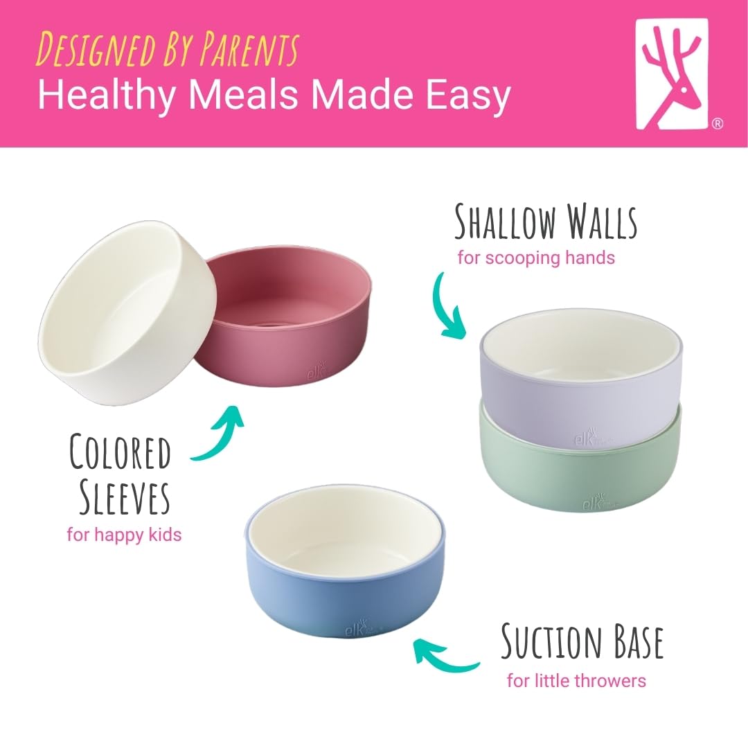 Elk And Friends Kids Porcelain Bowls With Silicone Suction Sleeve | Kids/Toddler/Baby Feeding | Microwave & Dishwasher Safe | No