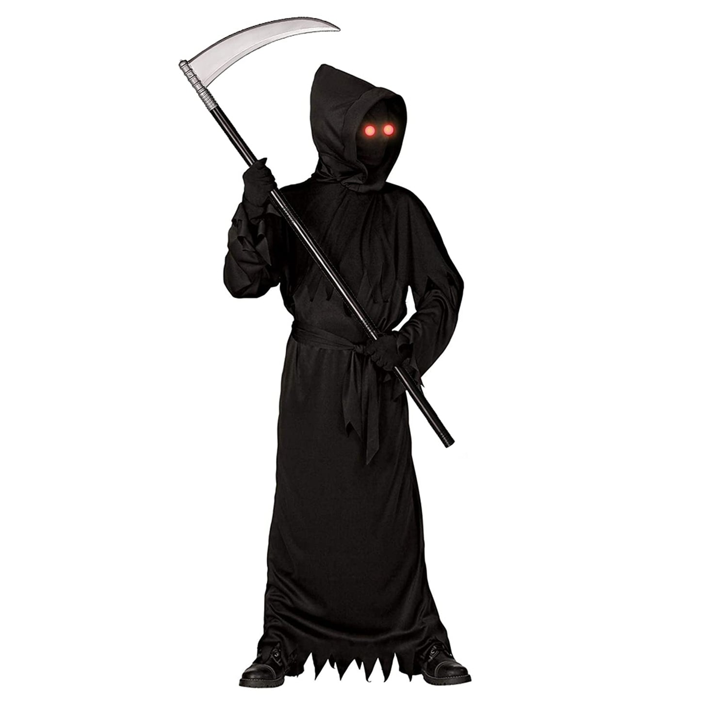 Grim Reaper Halloween Costume With Glowing Red Eyes For Kids, Scythe Included
