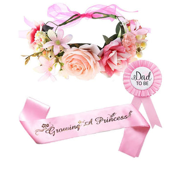 Ulfanit Girls Baby Shower Decoration - Adjustable Flower Crown Tiara And Growing A Princess Sash, Daddy Pin, Pink Party Gifts Fo