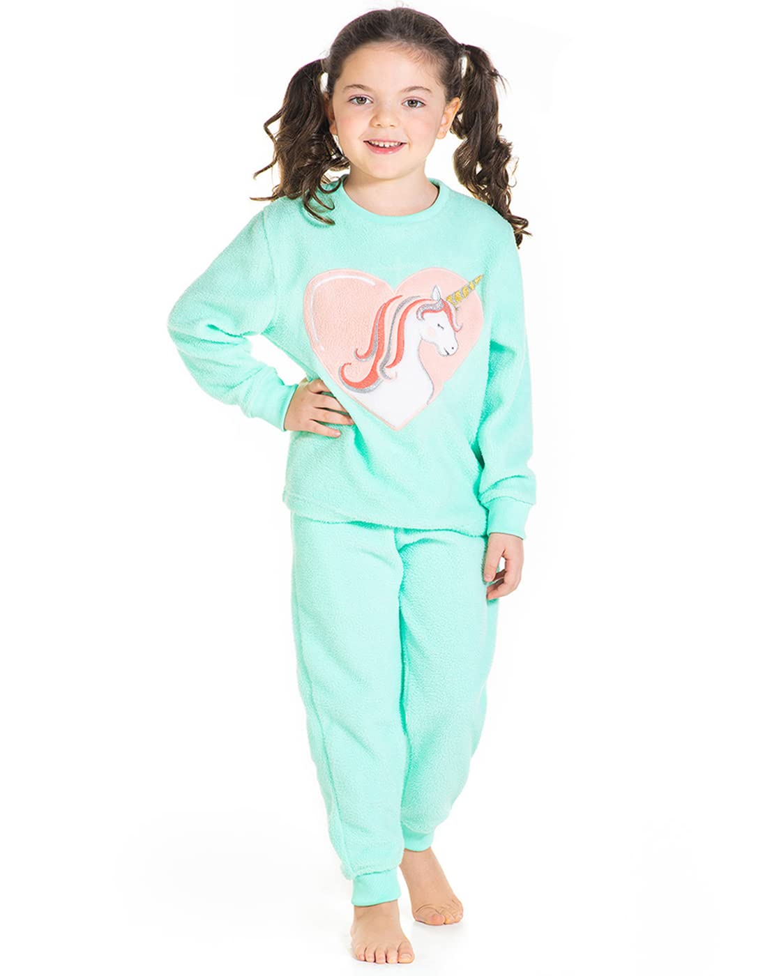 Cherry Crumble Mint Green Applique Cotton Blend Full Sleeves Round Neck Night Wear Regular Fit Applique Winter Nightsuit for Gir