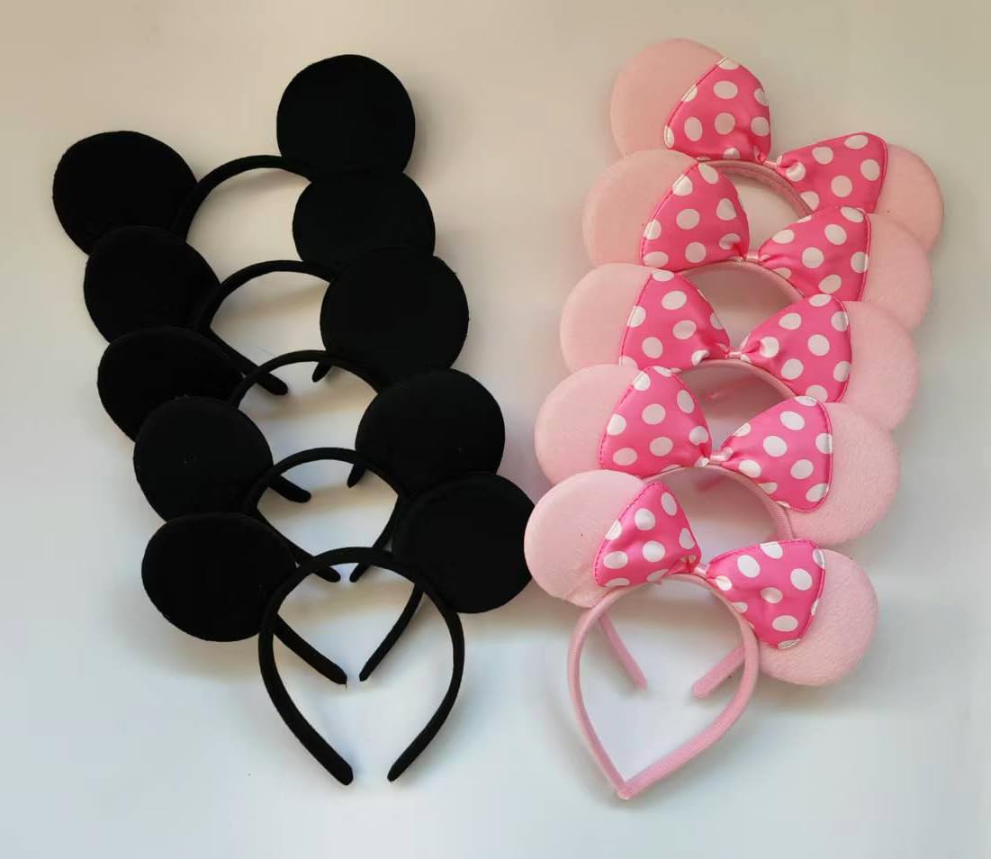 Newtgan 20 Pcs Mouse Ears Headbands For Birthday Party Theme Park Costume Play Celebration For Boys And Girls (Black,Pink) (Pink