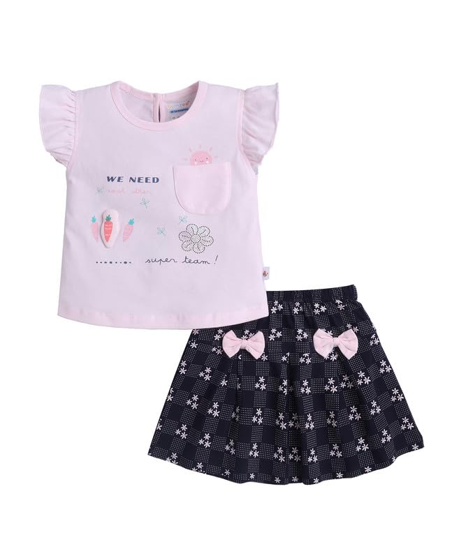 Bumzee Baby Girls Cotton Cap Sleeves Graphic Print Top & Skirt Set Pink & Navy  1824 Months (Peb11150EPnk)