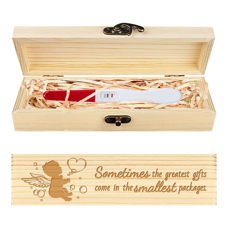 CHGCRAFT Pregnancy Test Keepsake Box Angel Baby Bubbles Wooden Pregnancy Announcement Gifts Box with Raffia Ribbon and Lock Anno
