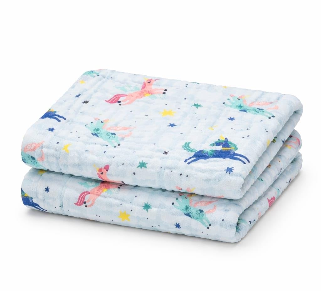 Hi mom Baby Muslin Towel, Unicorn Print, Light Blue, Soft Cotton, Everyday Use