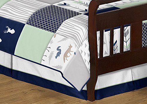 Navy Blue, Mint And Grey Woodsy Deer Boys Toddler Bedding 5 Piece Comforter Sheet Set