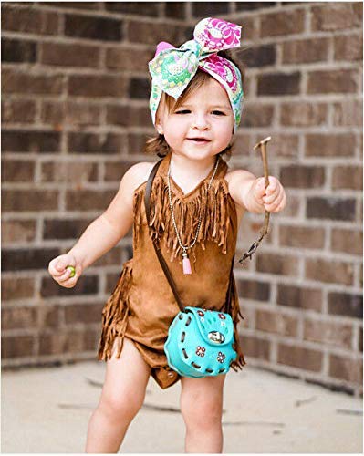 Infant Baby Girl Fringe Faux Suede Romper - Western Style Halter Sunsuit, Adjustable Straps (Brown, 3-6 Months)