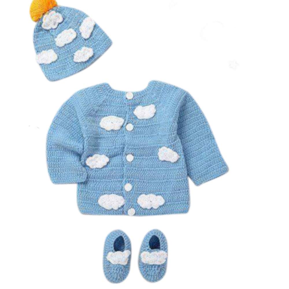 Blue Baby Sweater Set -Hand Made Baby Crochet Outfit Set -/Blue Knit Cardigan With Booties & Hat Gift Set (0-6 Month, Blue White