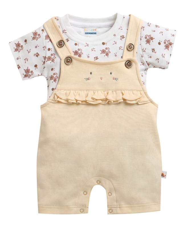 Bumzee Baby Girls Cotton Round Neck Half Sleeves Floral Print Dungaree Set With Inner Tee Coral & Yellow  912 Months (Peb11214