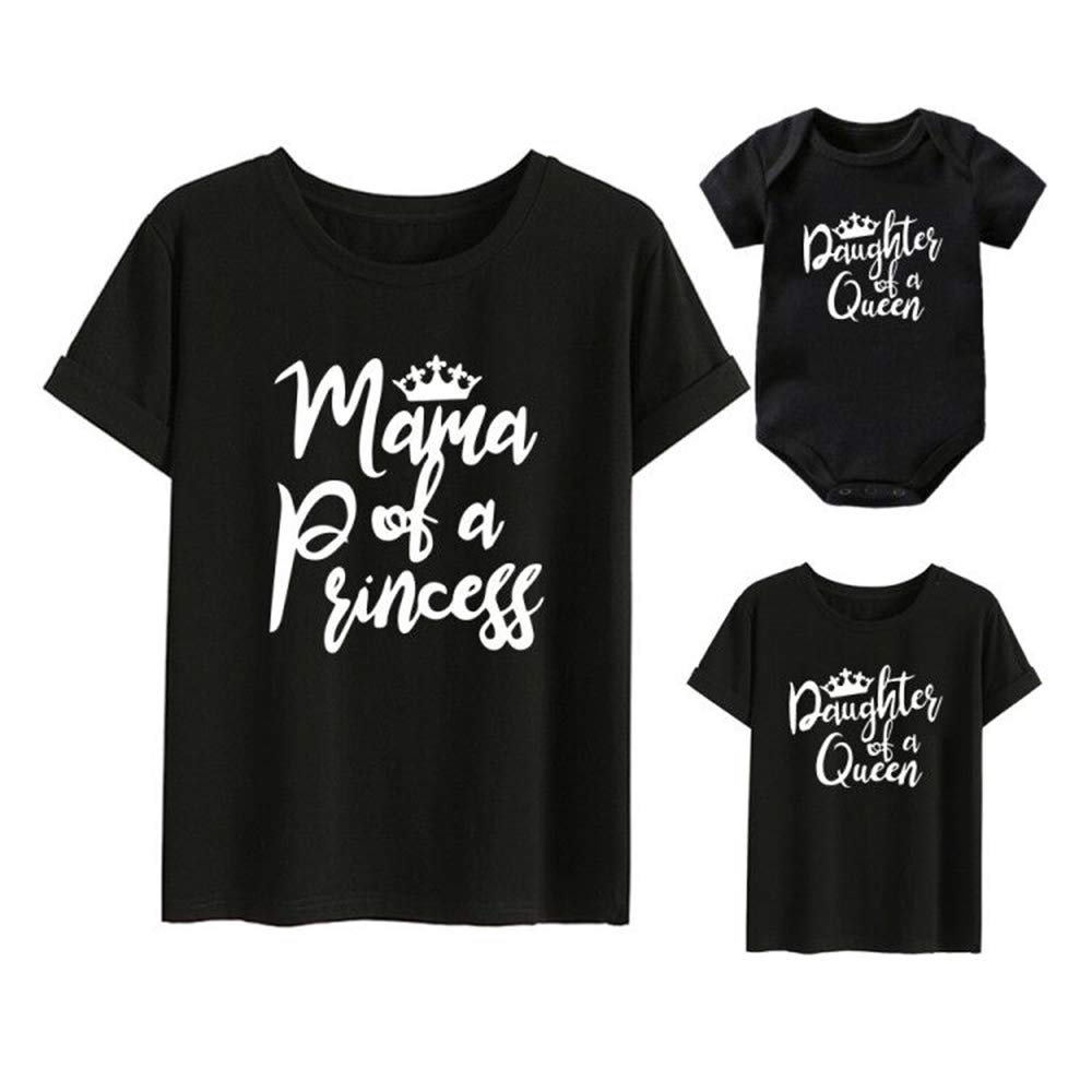Gourd Doll Mother & Daughter Matching T-Shirts Set Mom & Baby Girl Bodysuit & Women Tee Shirt Mommy & Me Matching Outfits Black,