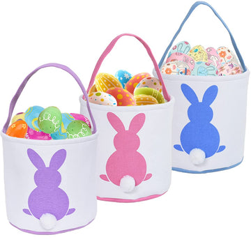 3 Pcs Easter Bunny Basket Bags For Kids - Canvas Cotton Carrying Gift And Eggs Hunt Bag, Easter Gift Basket With Tails Printed R
