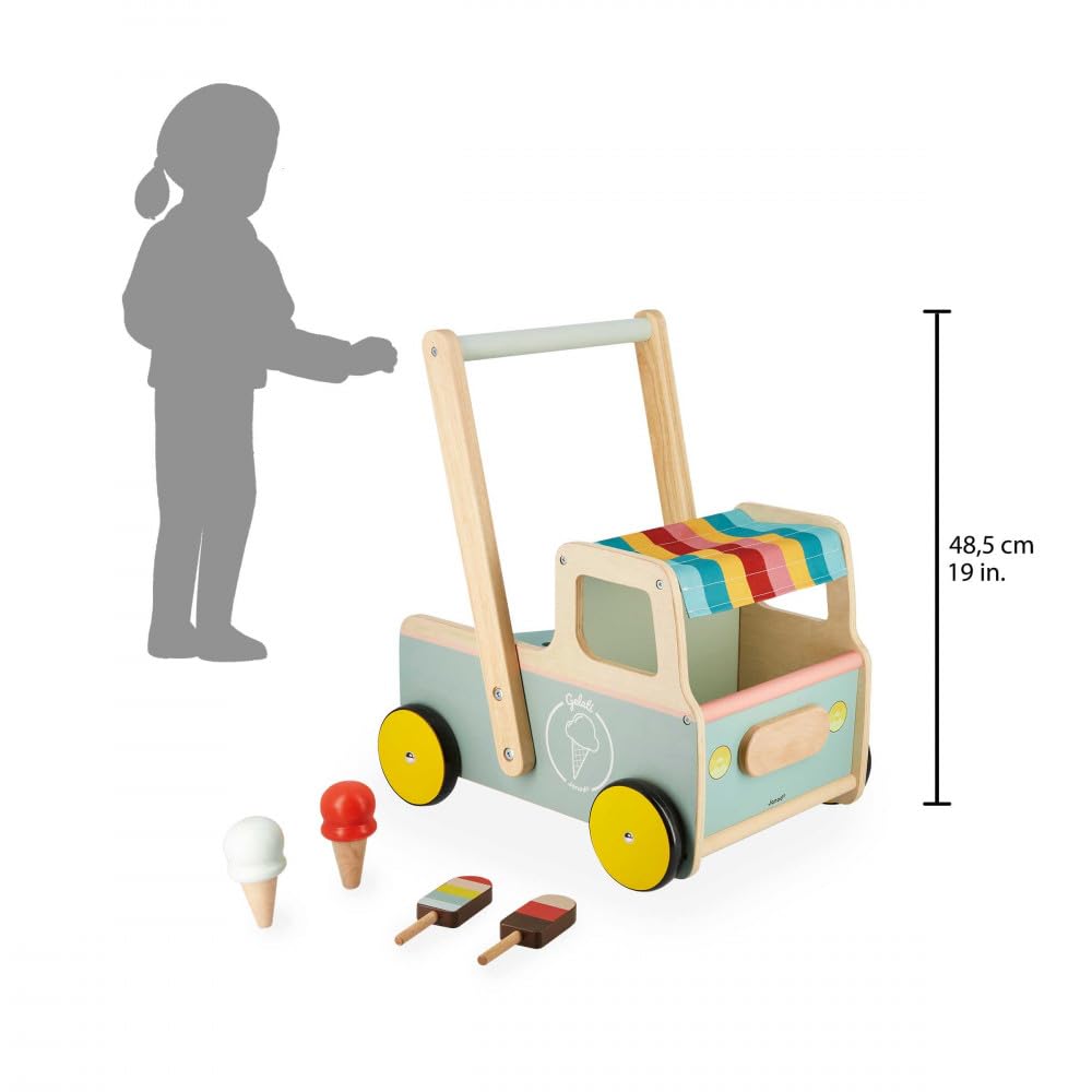 Janod - Janod - Wooden Pull-Along Ice Cream Cart/Trolley - 4 Ice Creams Included - Silent Wheels - Anti-Tip System - FSC-Certifi