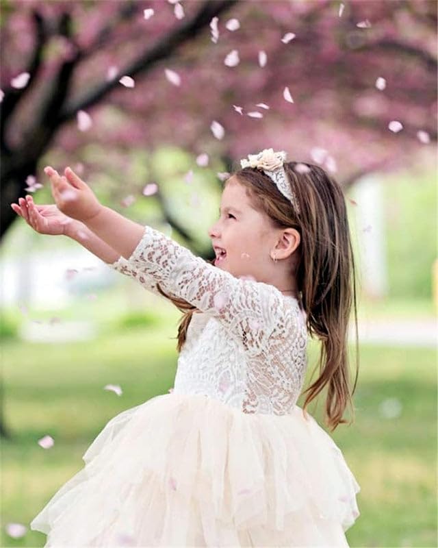 2Bunnies Girl Peony Lace Back A-Line Tiered Tutu Tulle Flower Girl Dress (Ivory 3/4 Sleeve Short, 9-10Yrs)