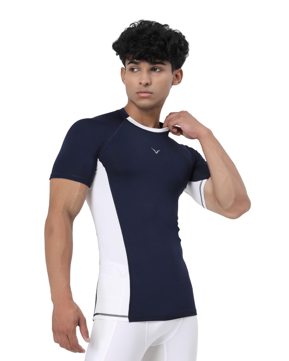 Invincible Mens Color Block Base Layer Compression Tee Navy/White