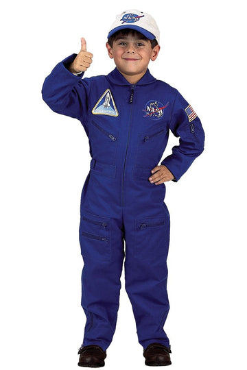 Aeromax Jr. Nasa Flight Suit, Blue, With Embroidered Cap And Official Looking Patches, Size 8/10.