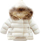 Mallimoda Baby Boys Girls Down Jacket Toddler Winter Warm Puffer Down Coat Cotton Hooded Fur Snowsuit Beige 1-2 Years