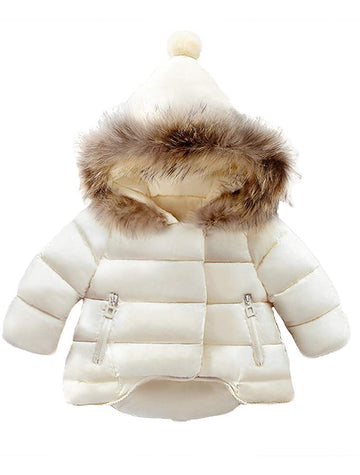 Mallimoda Baby Boys Girls Down Jacket Toddler Winter Warm Puffer Down Coat Cotton Hooded Fur Snowsuit Beige 1-2 Years