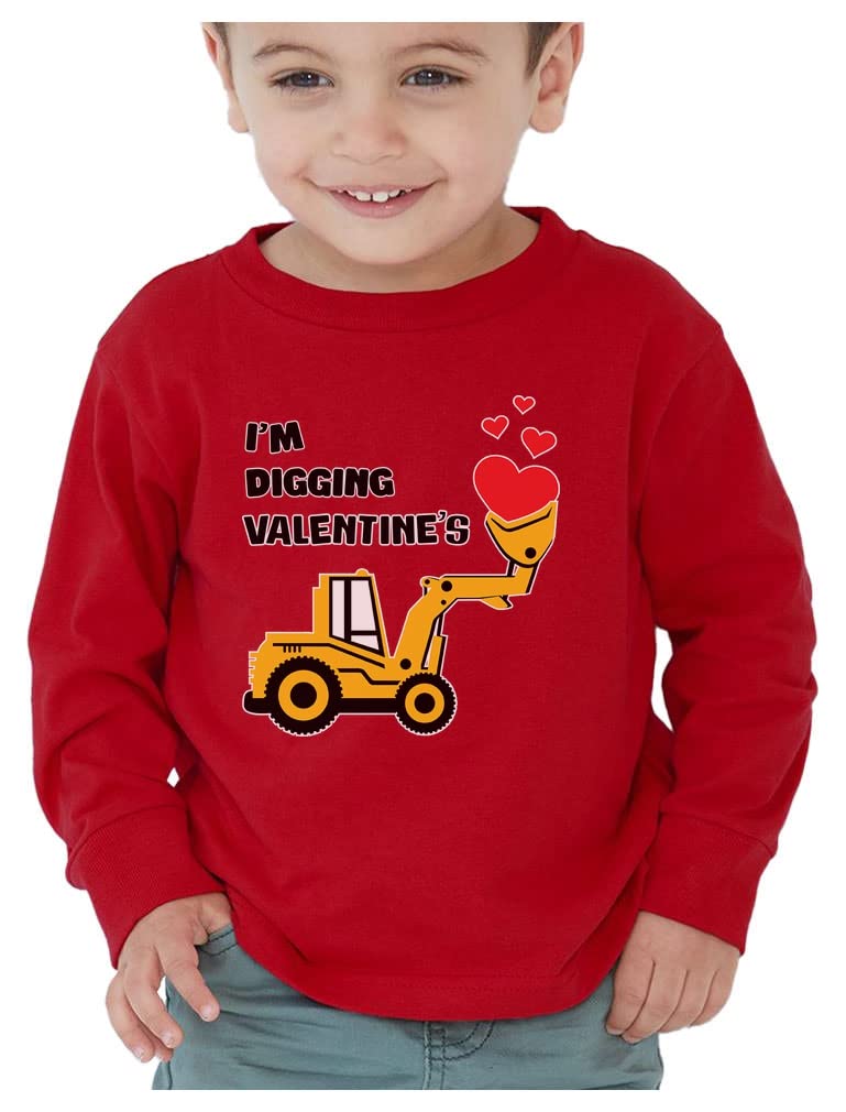 Tractor & Digger Toddler Boys Valentines Shirt Heart Dab Funny Valentine'S Day Kids Long Sleeve T-Shirt For Toddlers 4T Red