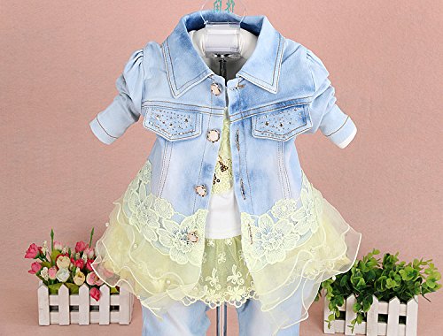 Yao Little Girls Denim Clothing Sets 3 Pieces Sets T Shirt Denim Jacket And Jeans(Yellow,3-4Years)
