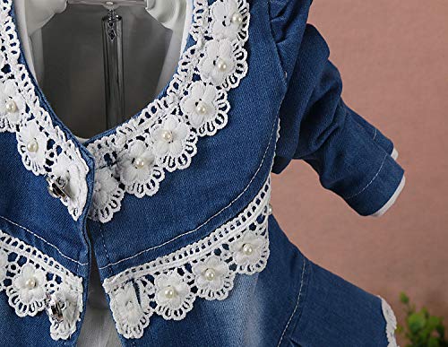 Yao 6M-4Y Infant 3Pcs Baby Girls Clothes Set Toddler Outfits Lace Dress Jacket And Jeans (1-2Y,Flower-White)