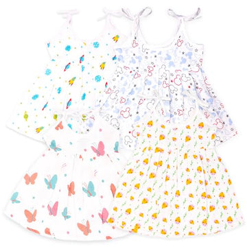 Kidbea Extra Soft Muslin Cotton Frock For Baby Girl | Space, Mickey, Cute Chick And Butterfly Print For 3 To 6 Months | Packof 4