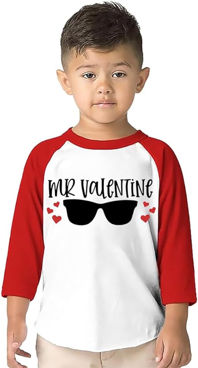 Toddler Boys Valentine'S Day Shirt Mr Valentines Sunglasses Graphic Cotton Outfit Casual 3/4 Raglan Sleeve Tee Tops (4-5T, Red)