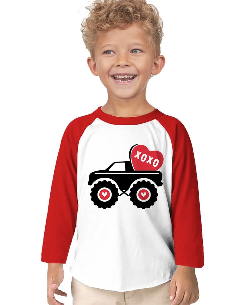 Kids Boys T-Shirt Valentines Heart Shirt Monster Truck Love Tops Long Sleeve Raglan Toddler Baby Tees 5T