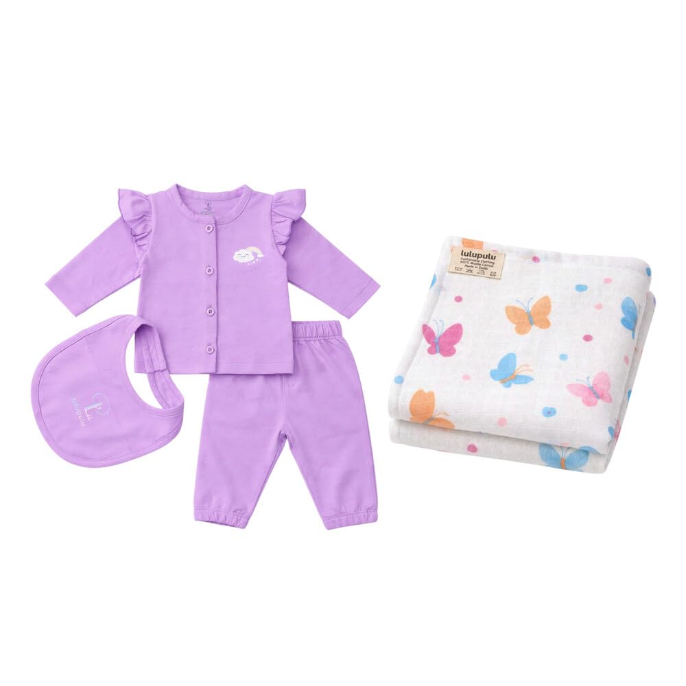 LULUPULU Newborn Baby Gift Set  Muslin Cotton Swaddle & Single Jersey Fabric Dress with Bibs | Soft Regular Fit Infant Starter 