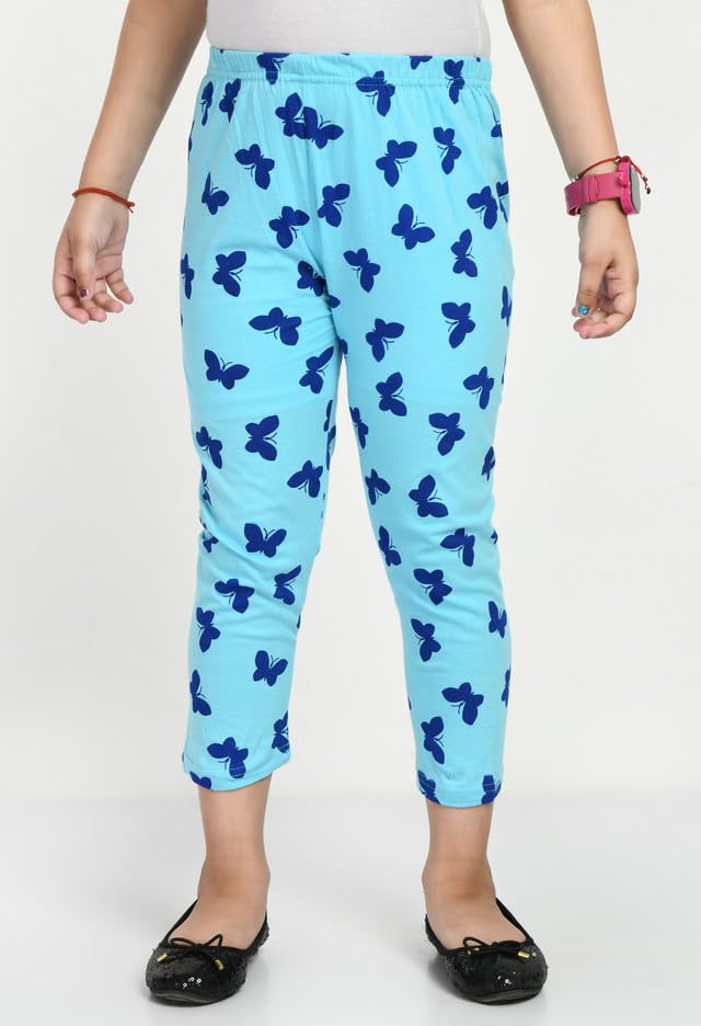 Girls Cotton Printed Slim Fit Capri 3/4th Pants (Pack of 1) Sky Blue