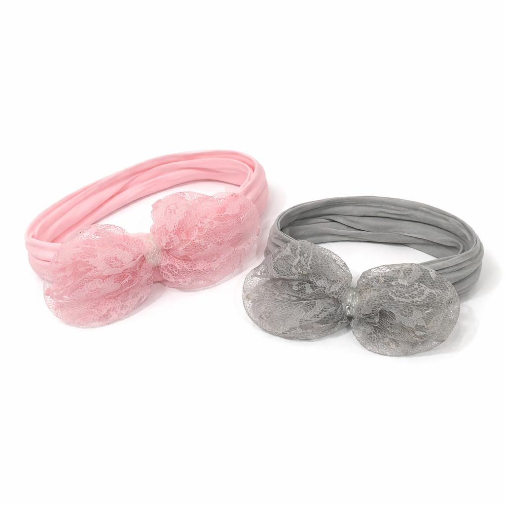 Soft Lace Bow Headband For Girls & Women, Stretchable Fabric Hair Band, Lightweight Hair Accessory, Pink & Grey, Pack Of 2