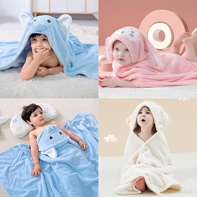 Kids Hooded Bath Towel, Animal Design, Soft Plush, Blue Pink White, for Babies and Toddlers,Multi Colur