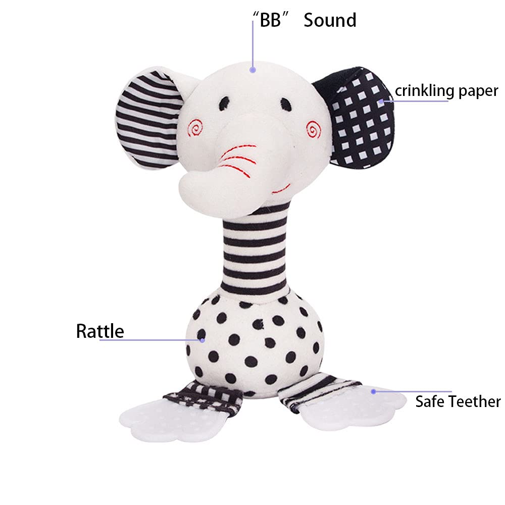 D-KINGCHY Baby Toys 0-12 Months, Black and White Newborn Toys, Soft Plush Rattle Stuffed Animal Toy with Teether and Sound, Deve