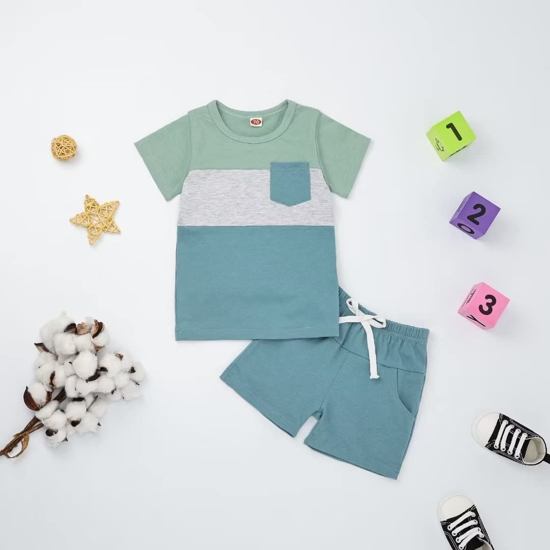 12-18 Month Boy Clothes Toddler Boys Summer Outfits Short Sleeve Patchwork T-Shirt & Solid Shorts Clothing Set 2 Piece, Light Bl