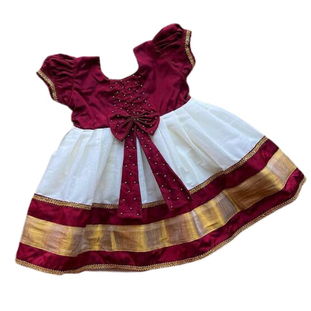 Angel f Studio BabyGirls Cotton Silk Fit and Flare Midi Frock Pattu Pavadai for Kids (Xx5X3M01Xo_Maroon & White)
