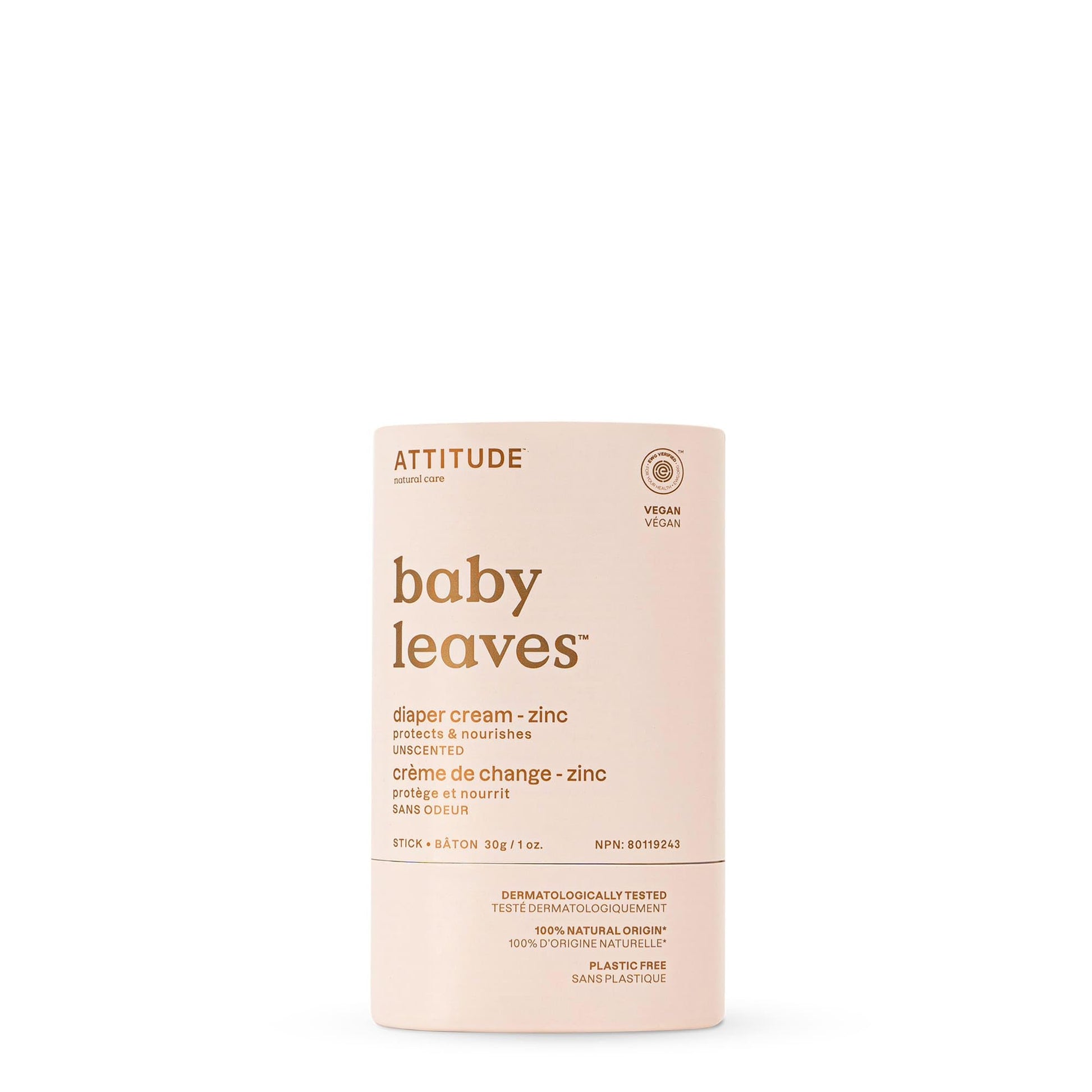 ATTITUDE Plastic-Free Diaper Cream Bar with Zinc for Baby, EWG Verified, Dermatologically Tested, Vegan, Unscented, 1 Ounce