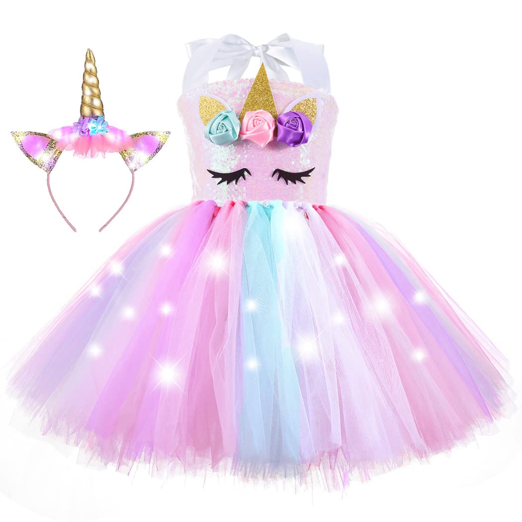 Lighted Unicorn Halloween Costumes For Girls, Birthday Party Decorations Gifts Led Sequin Princess Dresses Christmas Outfit With