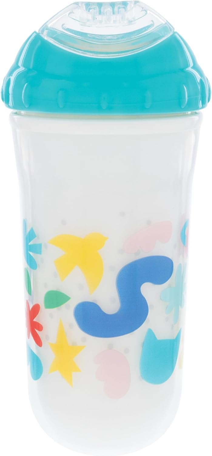 Nuby No Spill Insulated Cool Sipper Transition Cup With Soft Slicone Rim Spout | 9 Oz/ 270 Ml | 2 Pack Printed: Aqua Animals & W