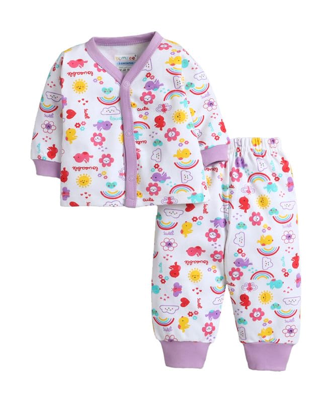 Bumzee Baby Girls Cotton Round Neck Full Sleeves Animal Print Jabla & Pyjama Set White & Lavender  36 Months (Peb11233CWht)