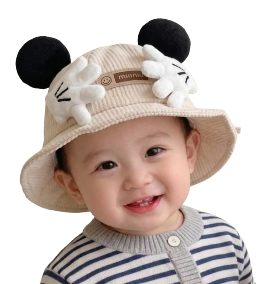 Reffer Baby Bucket Hat, 3D Cute Ears And Soft Cartoon Hands Design, Elastic Windproof Chin Strap Comfortable Cap For Baby Boy, B