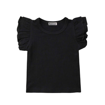 Mubineo Toddler Baby Girl Basic Plain Ruffle Sleeve Cotton T Shirts Tops Tee Clothes (Black, 0-6 Months)