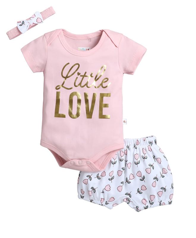 Bumzee Baby Girls Cotton Round Neck Half Sleeves Floral Print Bodysuit & Short Set With Headband Pink & White  36 Months (Peb1
