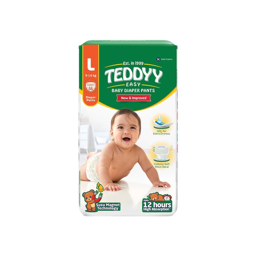 Teddyy Easy Baby L Size Diaper Pant Style | 56 Count (Large) | 914 Kg (Pack Of 1) | Long Protection Hours | AntiBacterial | Ai