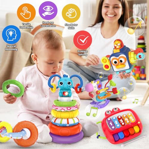 4 in 1 Baby Toy for 6 12 18 Month, Learning Toys for Babies 6-12 Months, Baby Busy Cube Toys, Stacking Toys, Unicorn Pull String