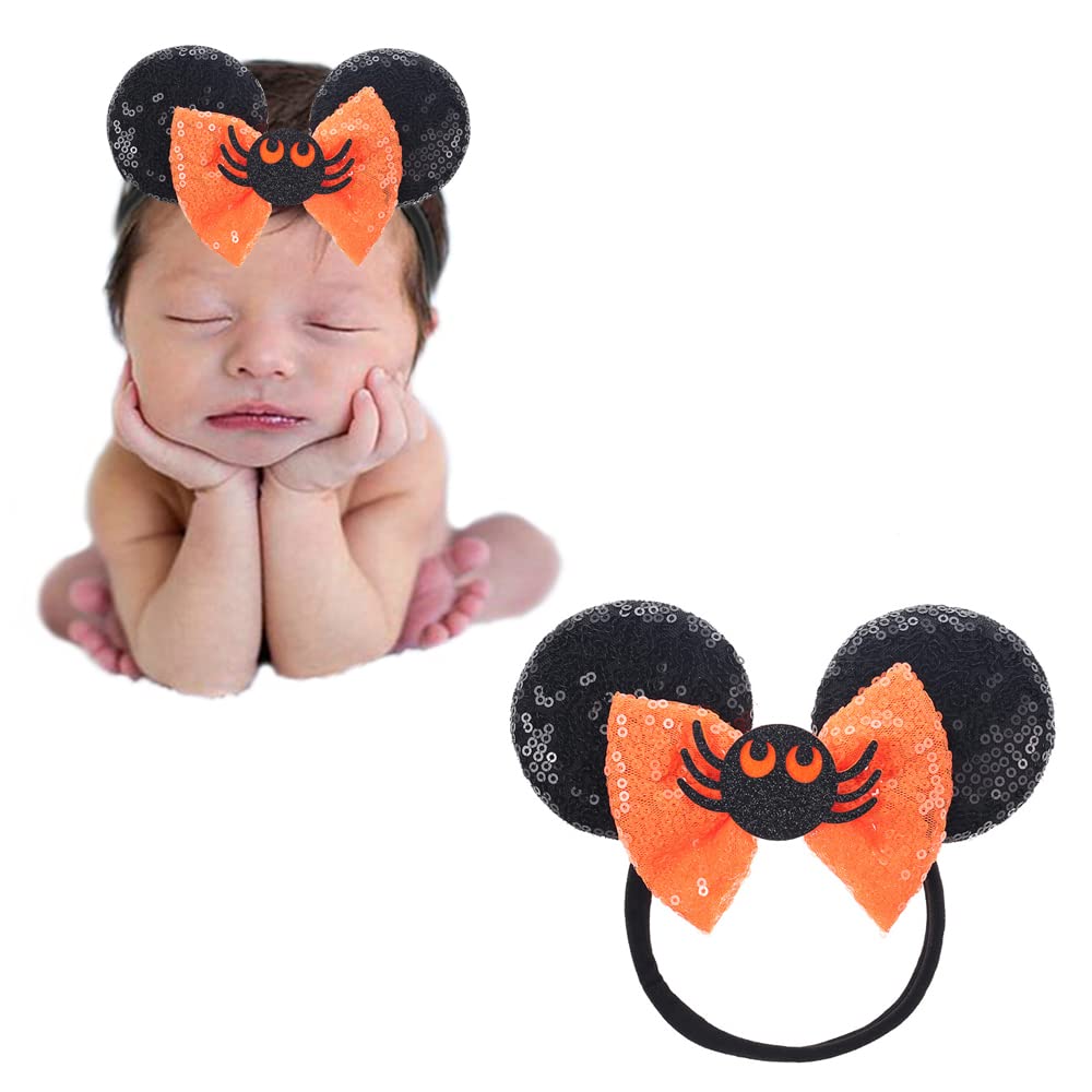 Jiahang Halloween Mouse Ear Nylon Headband With Sequin Bow,Orange Soft Elastic Hair Bow Hair Band,Costume Headwear For Baby Girl