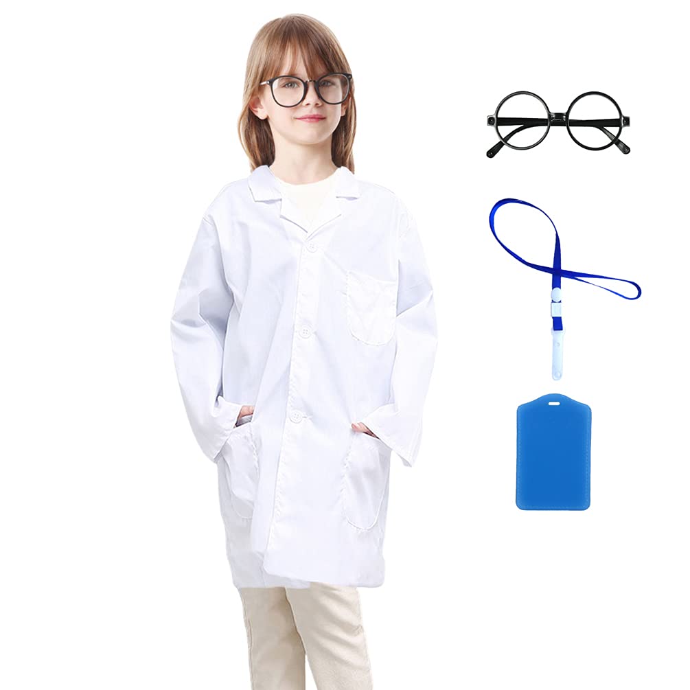 Roctocesy Kid'S Unisex Lab Coat For Career Day School Projects Halloween Costumes With Glasses & Id Card (L(10-14Y))