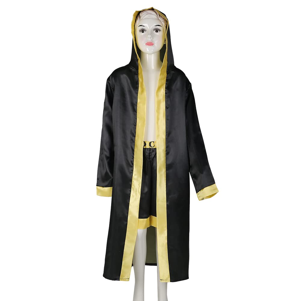 Aswtz Child'S Italian Stallion Boxing Costume Robe With Shorts And Cloak Hooded Halloween Cosplay For Kids (Medium Black)