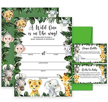 Yuzioey 50 Safari Baby Shower Invitations, Jungle Animals Invitations Macthing Envelpoes, Diaper Raffle Tickets, Book Request Ca