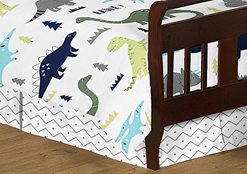 Navy Blue And Green Modern Dinosaur Boys Or Girls 5 Piece Toddler Bedding Comforter Sheet Set