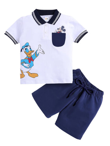 Little Ninja Pure Cotton Knee Length Half Sleeve Donald Duck Printed Tee & Shorts Set  Navy Blue 1824M
